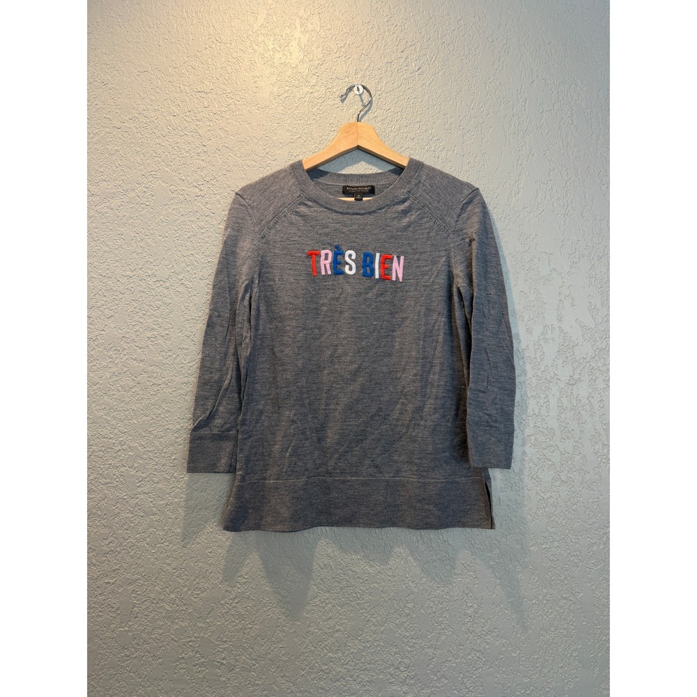 Banana Republic Gray Extra Fine Merino Wool Tres Bien Embroidered Sweater M